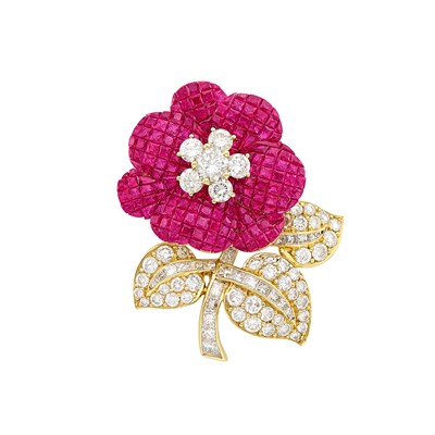 Lot 307 - Gold, Invisibly-Set Ruby and Diamond Flower Clip-Brooch