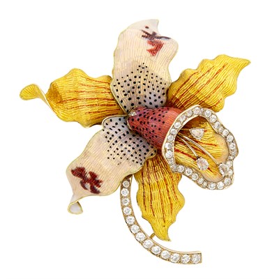 Lot 75 - Gold, Multicolored Enamel and Diamond Orchid Brooch