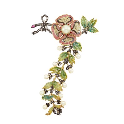 Lot 142 - Gold, Silver, Plique-à-Jour Enamel, Freshwater and Cultured Pearl, Diamond and Pink Sapphire 'En Tremblant' Corsage Brooch