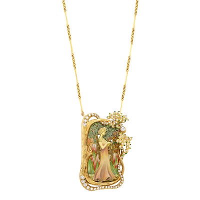Lot 592 - Gold, Diamond, Plique-à-Jour Enamel and Enamel Pendant-Brooch Necklace