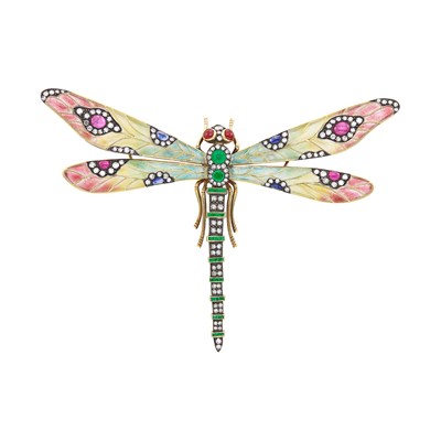 Lot 141 - Gold, Silver, Plique-à-Jour Enamel, Gem-Set and Diamond Dragonfly Brooch