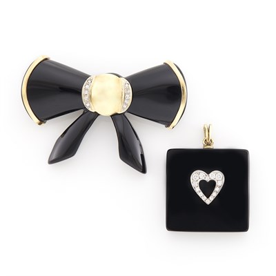 Lot 1518 - Black Onyx, Gold and Diamond Heart Pendant, La Triomphe, and Black Onyx, Gold and Diamond Bow Brooch, Maz
