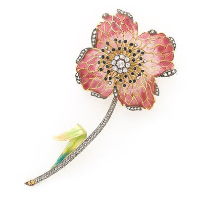 Lot 1612 - Gold, Silver, Plique-à-Jour Enamel, Diamond and Citrine Flower Clip-Brooch