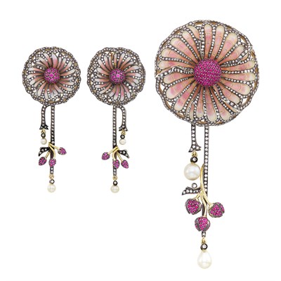 Lot 133 - Gold, Silver, Plique-à-Jour Enamel, Ruby, Diamond and Cultured Pearl Flower Pendant-Brooch and Pair of Pendant-Earclips