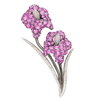 Lot 130 - Two-Color Gold, Pink Sapphire and Diamond Calla Lily Clip-Brooch