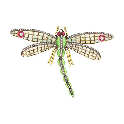 Lot 126 - Gold, Silver, Lime Green Enamel, Opal, Cabochon Ruby, Ruby and Diamond Dragonfly Brooch