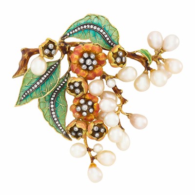 Lot 81 - Gold, Silver, Multicolored and Plique-à-Jour Enamel, Freshwater Pearl and Diamond Floral Brooch