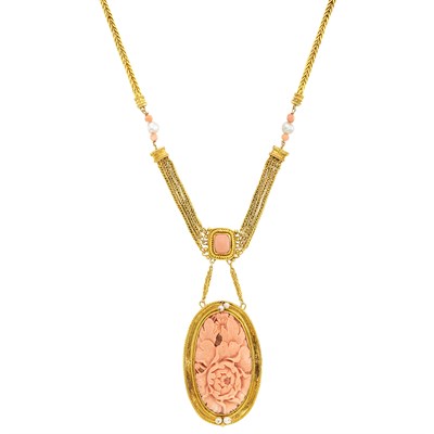 Lot 146 - Gold, Carved Coral and Coral Bead and Freshwater Pearl Pendant-Necklace