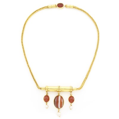 Lot 1517 - Gold, Agate, Carnelian and Cultured Pearl Necklace