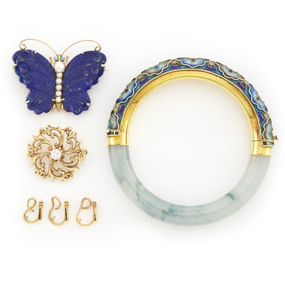 Lot 1636 - Gold and Diamond Pin, Jade and Enamel Bangle Bracelet and Gold, Lapis and Pearl Butterfly Brooch