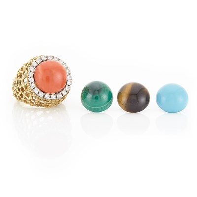 Lot 1509 - Gold, Coral and Diamond Ring with Interchangeable Tiger's Eye, Turquoise and Malachite Centers