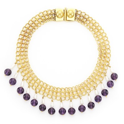 Lot 1643 - Gold, Freshwater Pearl and Amethyst Bead Fringe Necklace