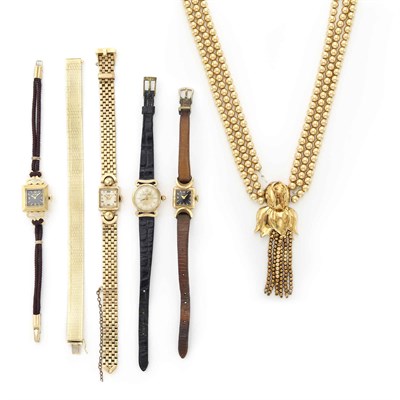 Lot 1679 - Four Gold and Metal Wristwatches, Bracelet and Gilt-Metal Mulitstrand Bead Necklace, Luna Felix