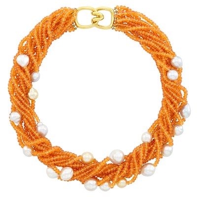 Lot 80 - Multistrand Spessartite Garnet Bead and Semi-Baroque Freshwater Pearl Torsade Necklace with Gold Clasp