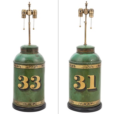 Lot 302 - Pair of Two-Light Tôle Lamps Each of green tea...