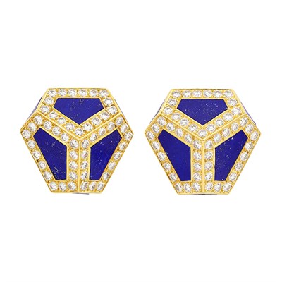 Lot 25 - Pair of Gold, Lapis and Diamond Earclips