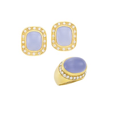 Lot 588 - Pair of Gold, Chalcedony and Diamond Earclips and Ring