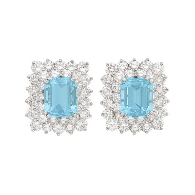 Lot 461 - Pair of Platinum, Aquamarine and Diamond Earclips