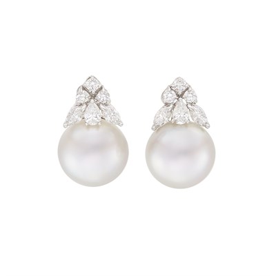 Lot 462 - Pair of White Gold, South Sea Cultured Pearl and Diamond Earclips