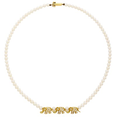 Lot 505 - Cultured Pearl, Gold and Diamond Elephant Necklace, Fred, France