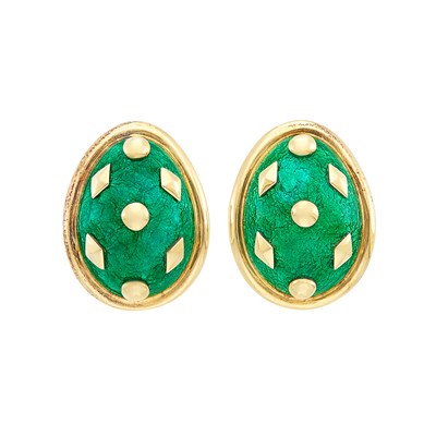 Lot 16 - Pair of Gold and Green Paillonné Enamel Earclips, Tiffany & Co., Schlumberger