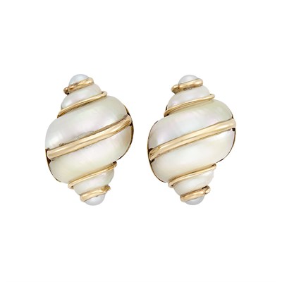 Lot 5 - Pair of Gold, Shell and Cultured Pearl Earclips, Maz