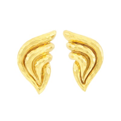 Lot 612 - Pair of Hammered Gold Earclips, Henry Dunay, Retailed by Black, Starr & Frost