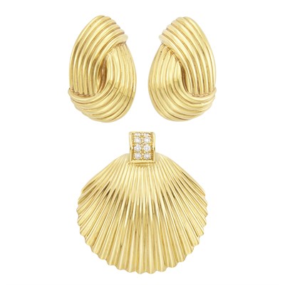 Lot 1208 - Pair of Gold Earrings and Gold and Diamond Pendant-Brooch
