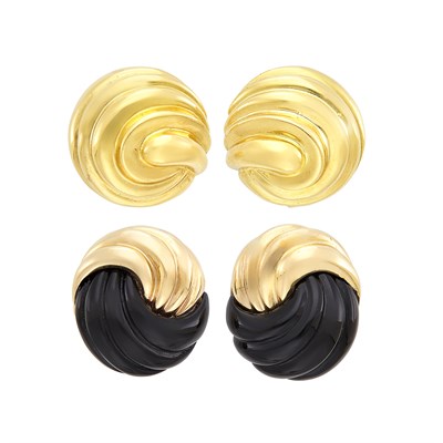 Lot 189 - Pair of Gold and Fluted Black Onyx Earclips, Maz, and Pair of Gold Earclips