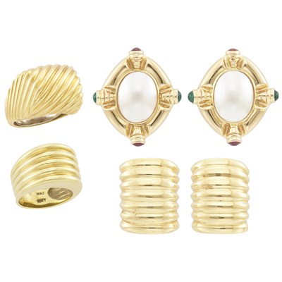 Lot 1350 - Two Gold Rings and Two Pairs of Earclips