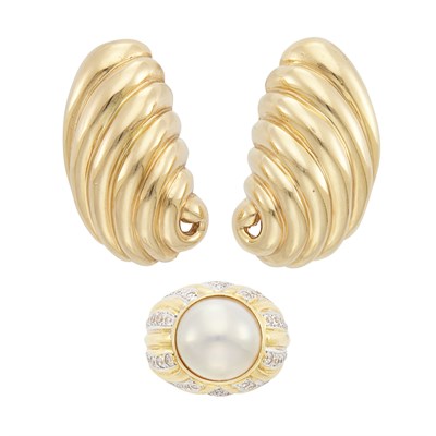 Lot 1193 - Pair of Gold Earclips and Gold, Mabé Pearl and Simulated Diamond Ring