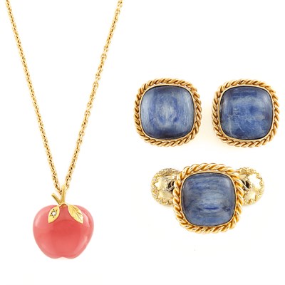 Lot 1909 - Group of Gold, Rhodochrosite, Cabochon Sapphire, Mother-of-Pearl and Diamond Jewelry