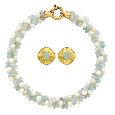 Lot 531 - Triple Strand Freshwater Pearl, Aquamarine Bead and Gold Torsade Necklace and Pair of Gold and Chalcedony Earclips