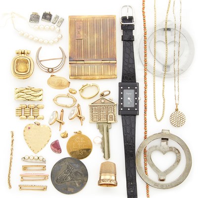 Lot 1559 - Group of Gold, Low Karat Gold, Silver and Metal Jewelry, Accessories and Fragments