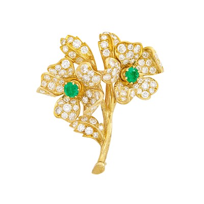 Lot 320 - Gold, Emerald and Diamond Flower Clip-Brooch, Cartier, France