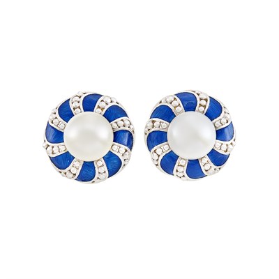 Lot 410 - Pair of Two-Color Gold, Freshwater Cultured Pearl and Blue Enamel Earclips