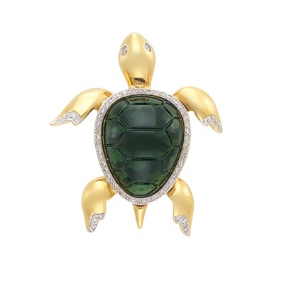 Lot 1203 - Two-Color Gold, Carved Black Onyx and Diamond Turtle Clip-Brooch