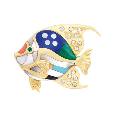 Lot 38 - Gold, Hardstone, Mother-of-Pearl and Diamond Fish Pendant-Brooch, Asch Grossbardt
