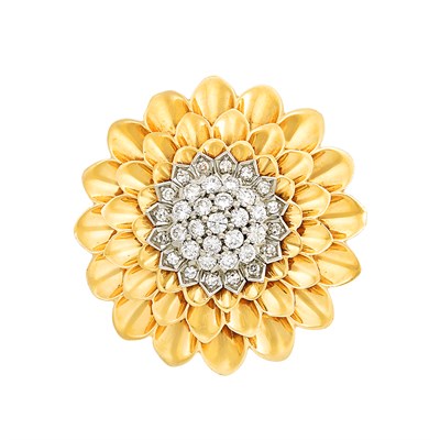Lot 84 - Gold, Platinum and Diamond Flower Clip-Brooch, Cartier