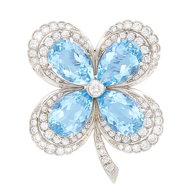 Lot 459 - Platinum, Aquamarine and Diamond Flower Brooch