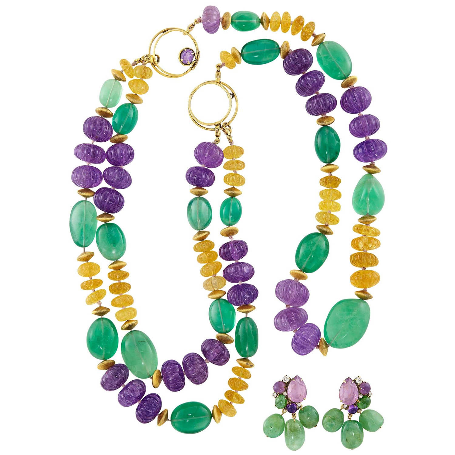 Lot 131 - Three Strand Fluted Amethyst and Citrine and Green Glass Bead Necklace and Pair of Pendant-Earclips, Iradj Moini