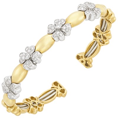 Lot 337 - Two-Color Gold and Diamond Daisy Chain Bangle Bracelet