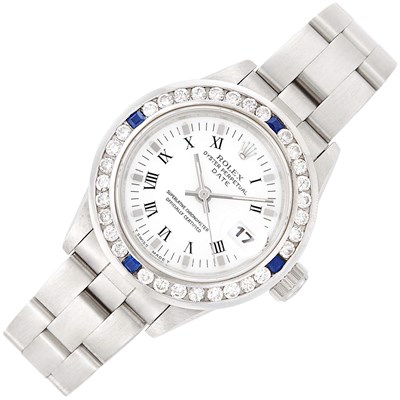 Lot 403 - Stainless Steel, Diamond and Sapphire 'Oyster Perpetual Date' Wristwatch, Rolex, Ref. 69240