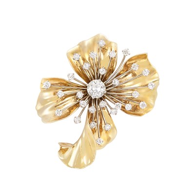 Lot 95 - Gold, Platinum and Diamond Flower Clip-Brooch