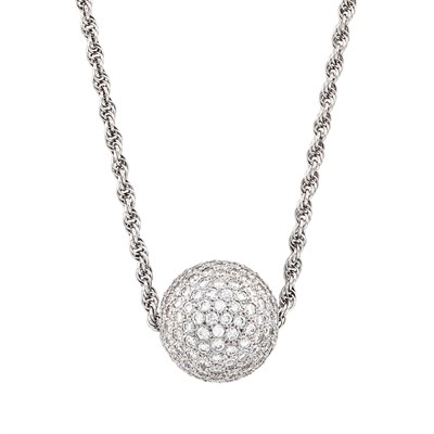 Lot 129 - Long White Gold and Diamond Ball Pendant-Necklace