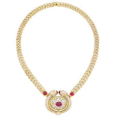 Lot 113 - Two-Color Gold, Cabochon Ruby and Diamond Necklace