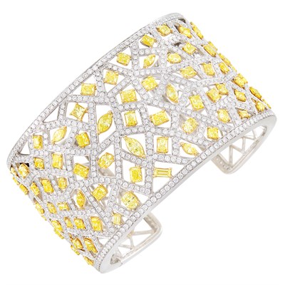 Lot 349 - Two-Color Gold, Yellow Diamond and Diamond Cuff Bangle Bracelet