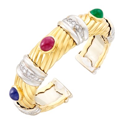 Lot 120 - Two-Color Gold, Steel, Cabochon Colored Stone and Diamond Bangle Bracelet