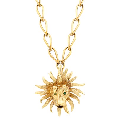 Lot 280 - Long Gold Link Necklace with Lion Pendant-Brooch
