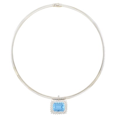 Lot 80 - Platinum, Aquamarine and Diamond Pendant with Reversible Two-Color Gold Necklace